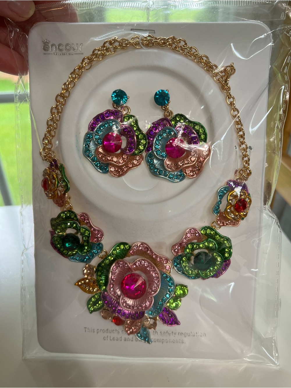 Colorful Floral Crystal Necklace & Earring Set - Multicolor by (unknown)